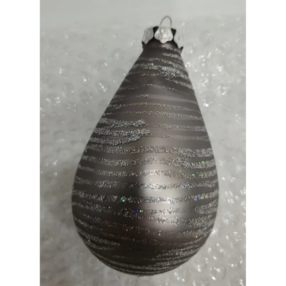 Large Vintage Silver Glitter Teardrop Christmas Ornament Striped Onion Shape